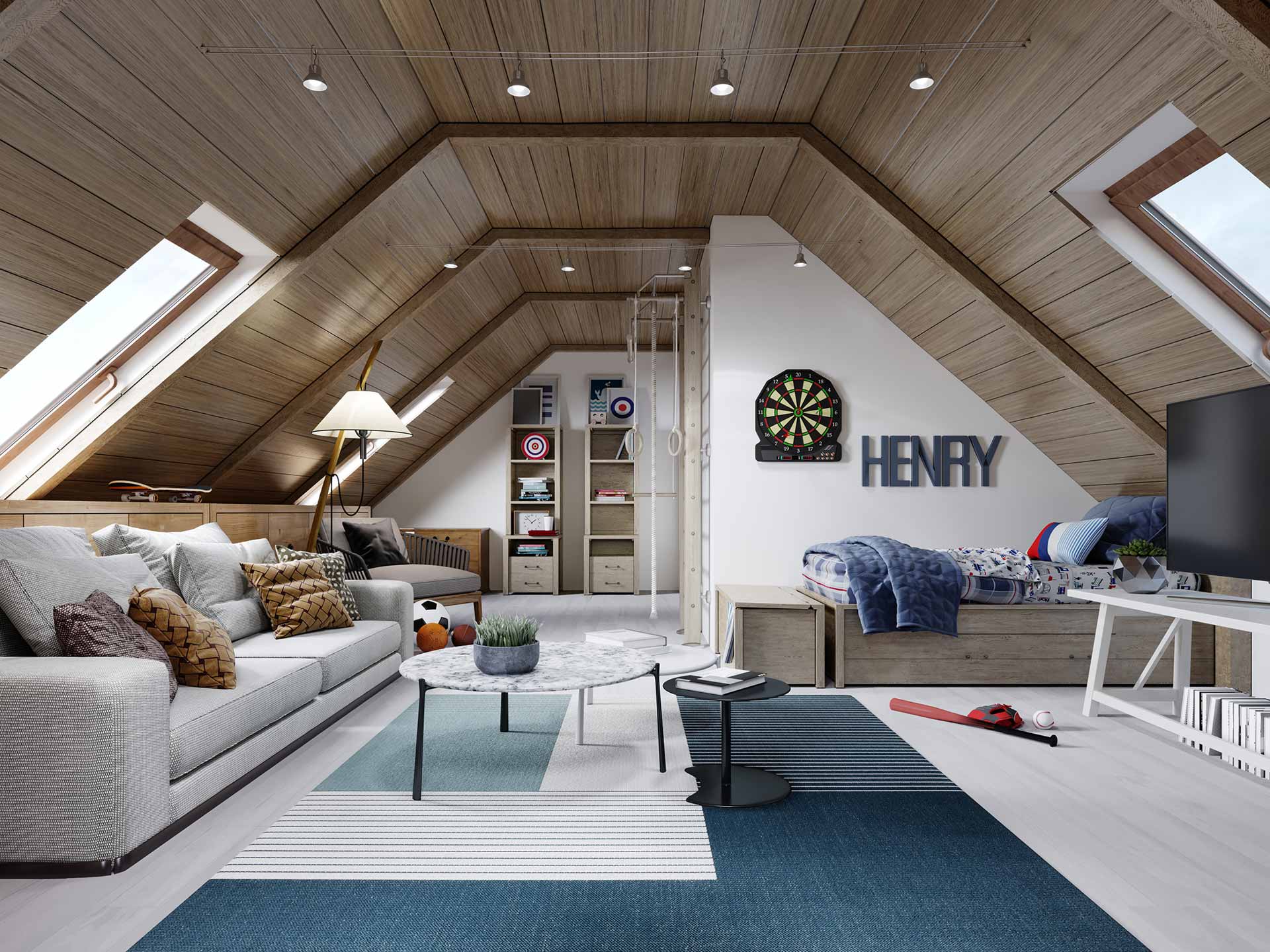 Dach ausbauen mit Holzdecken oder Holzpaneel modern ausgebautes Dachgeschoss - Jugendzimmer mit Paneel
